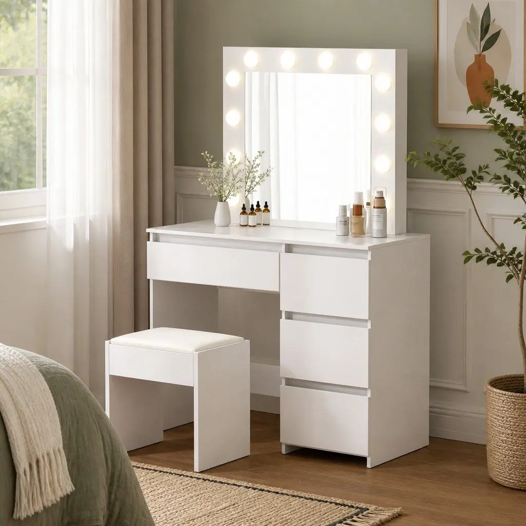 Dressing Table Vanity Set White with LED Mirror 94cm MDF and Particleboard