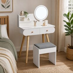 LED Mirror Vanity Makeup Desk with Stool and Storage