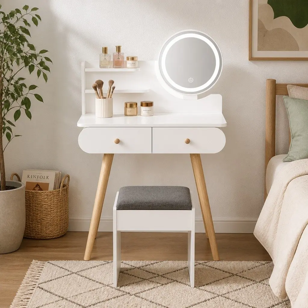 LED Mirror Vanity Makeup Desk with Stool and Storage