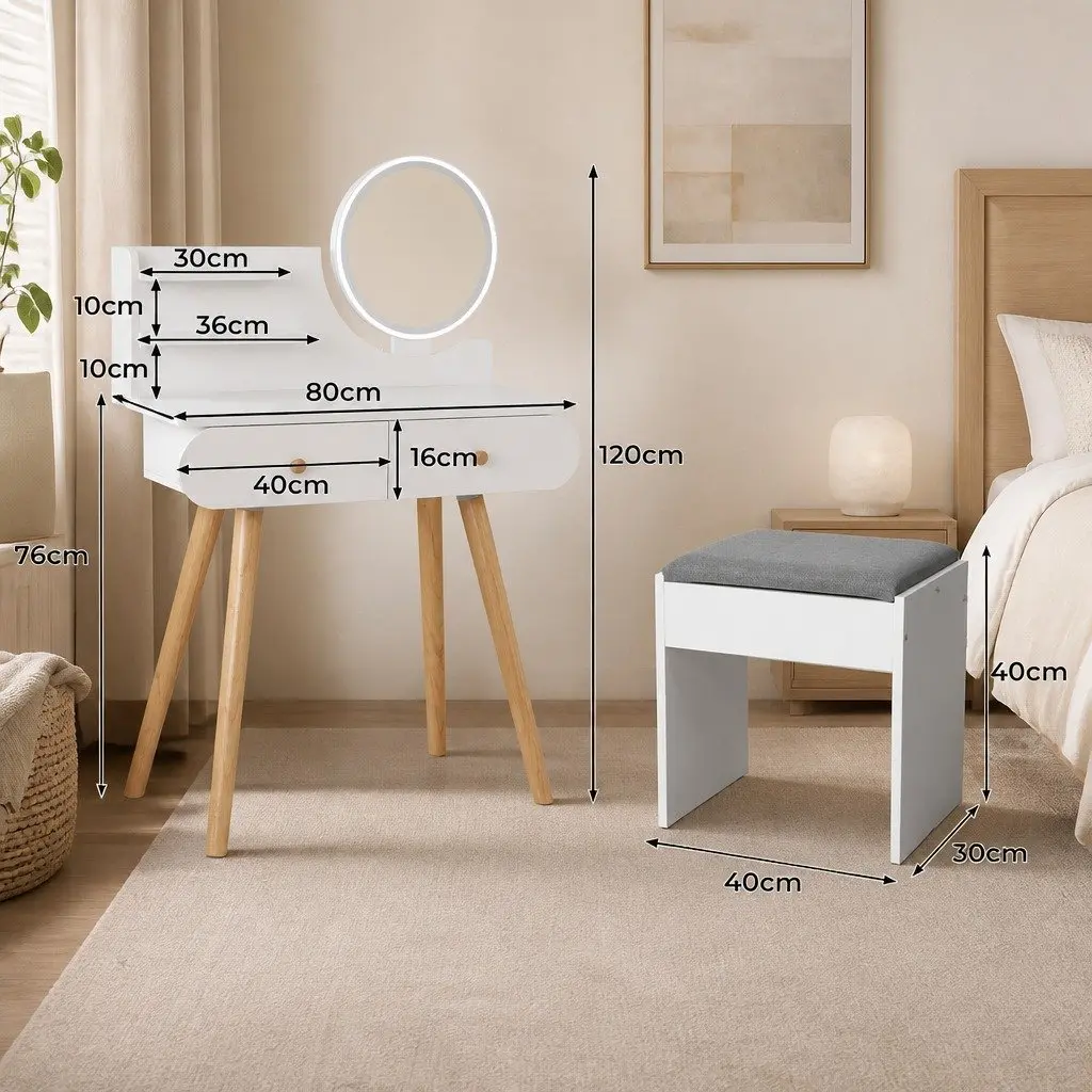 LED Mirror Vanity Makeup Desk with Stool and Storage