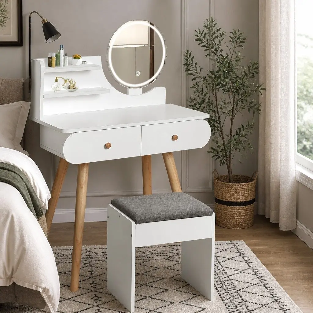 LED Mirror Vanity Makeup Desk with Stool and Storage