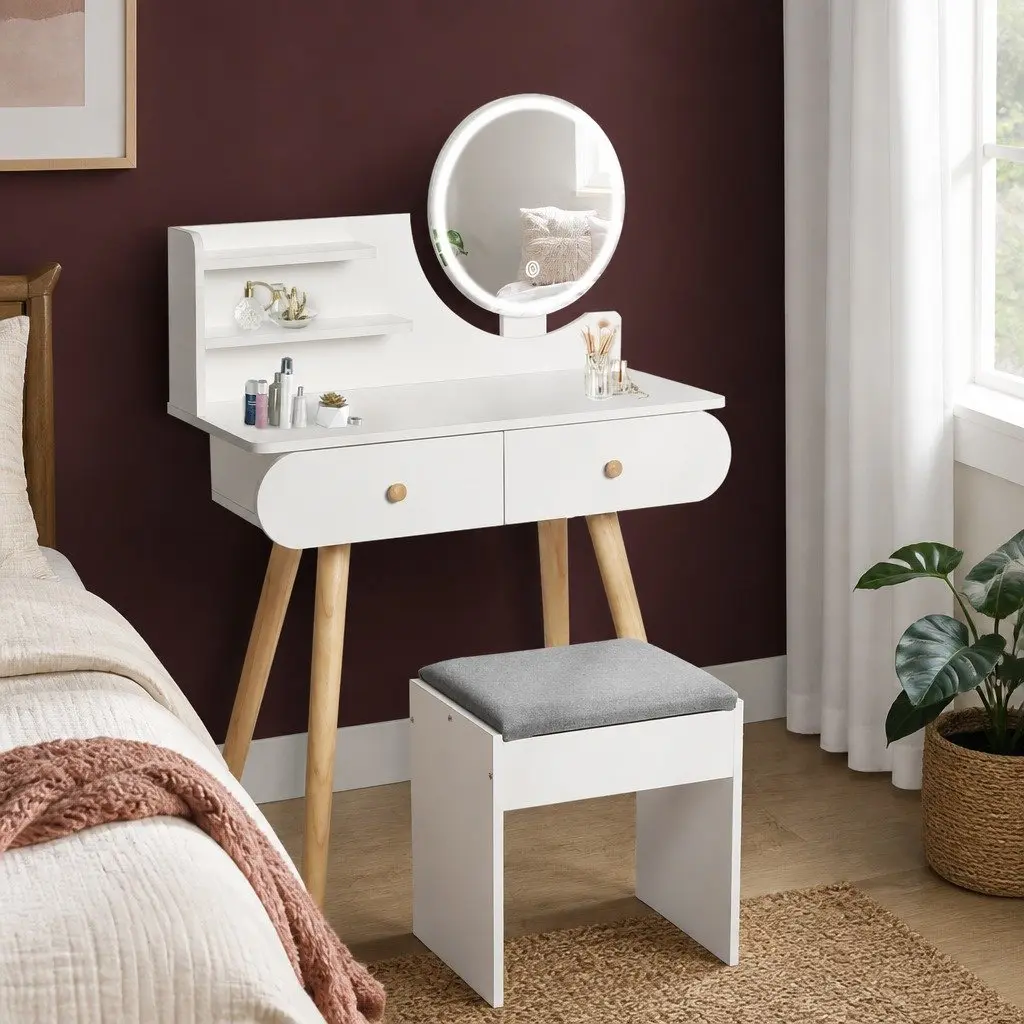 LED Mirror Vanity Makeup Desk with Stool and Storage