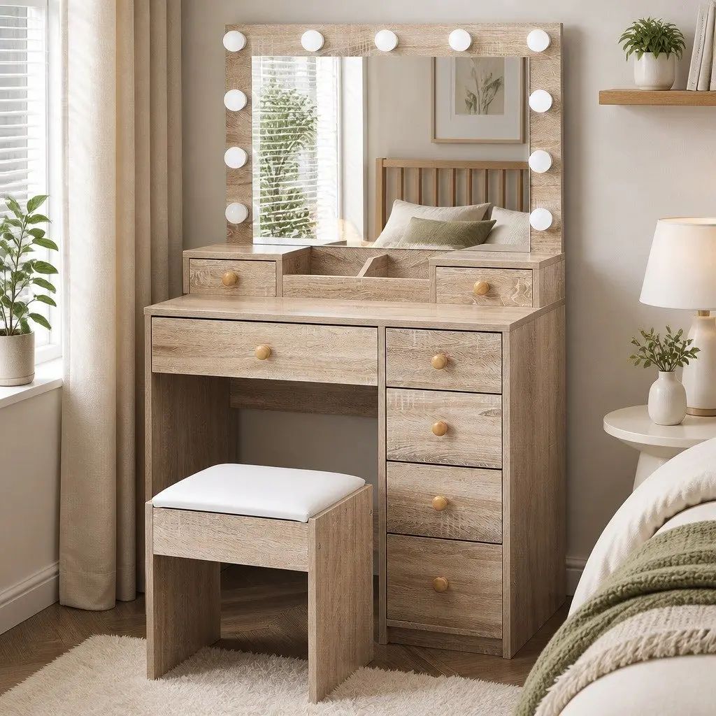 Oak Dressing Table Stool Set with LED Mirror and Storage