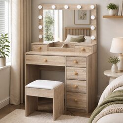 Oak Dressing Table Stool Set with LED Mirror and Storage