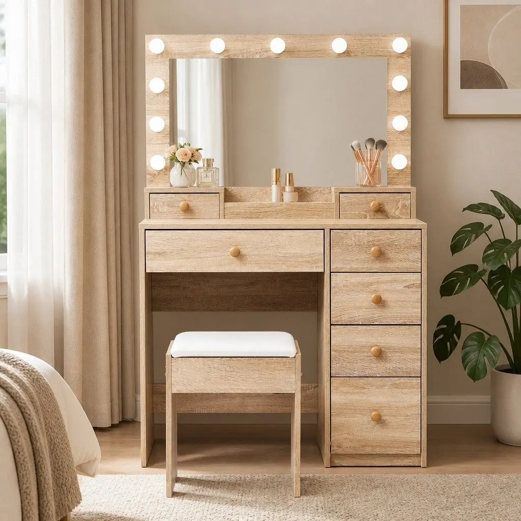 Oak Dressing Table Stool Set with LED Mirror and Storage