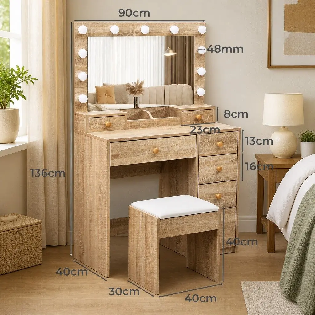 Oak Dressing Table Stool Set with LED Mirror and Storage