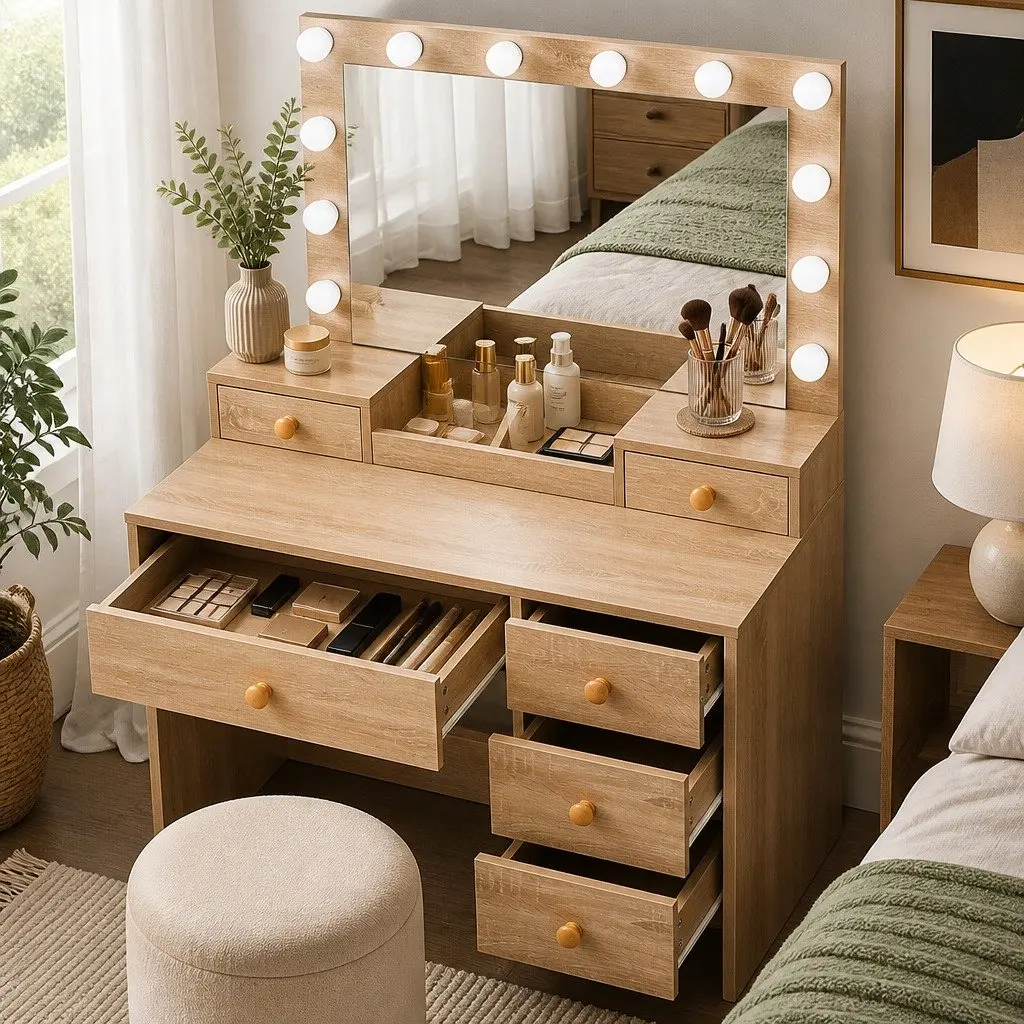 Oak Dressing Table Stool Set with LED Mirror and Storage