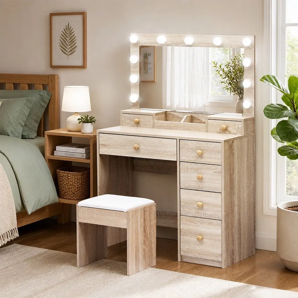 Oak Dressing Table Stool Set with LED Mirror and Storage