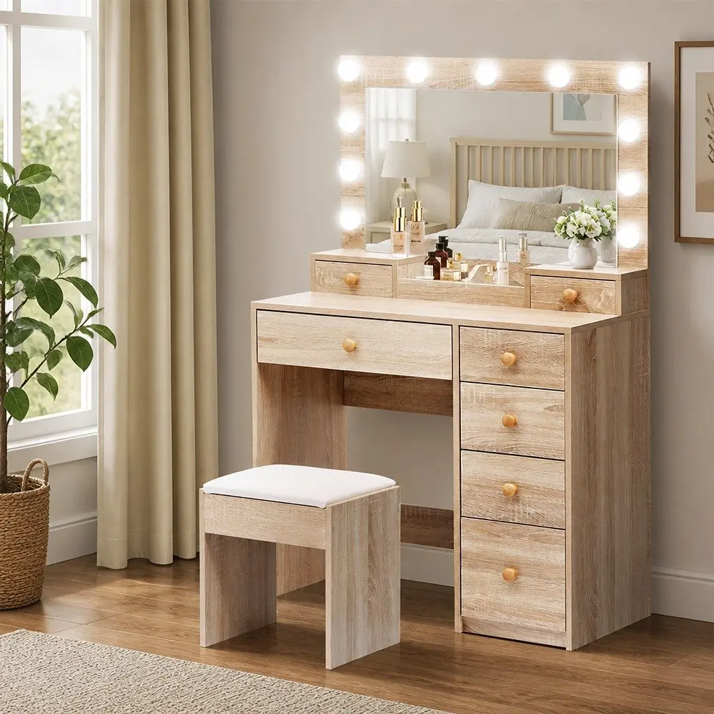 Oak Dressing Table Stool Set with LED Mirror and Storage