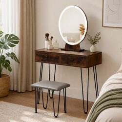 Brown Makeup Vanity with LED Light Strip and Stool
