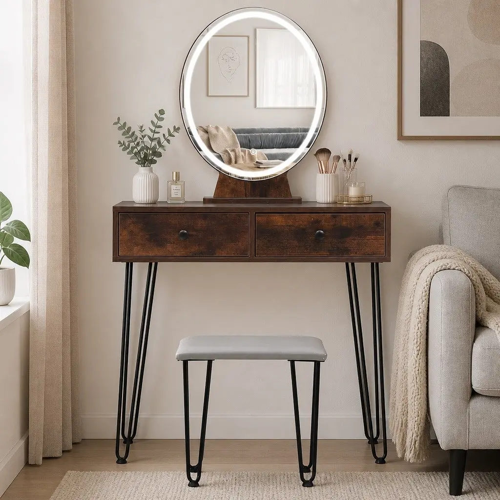 Brown Makeup Vanity with LED Light Strip and Stool