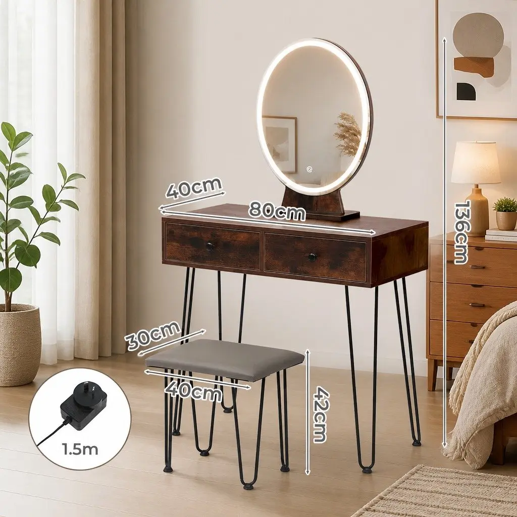 Brown Makeup Vanity with LED Light Strip and Stool