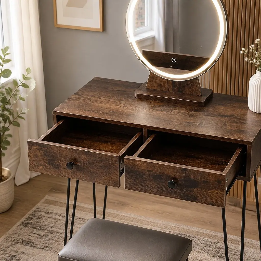 Brown Makeup Vanity with LED Light Strip and Stool