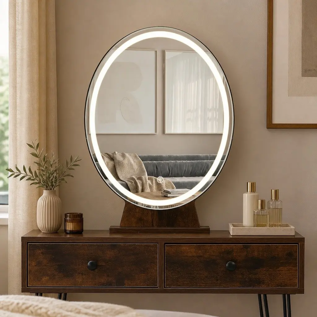 Brown Makeup Vanity with LED Light Strip and Stool