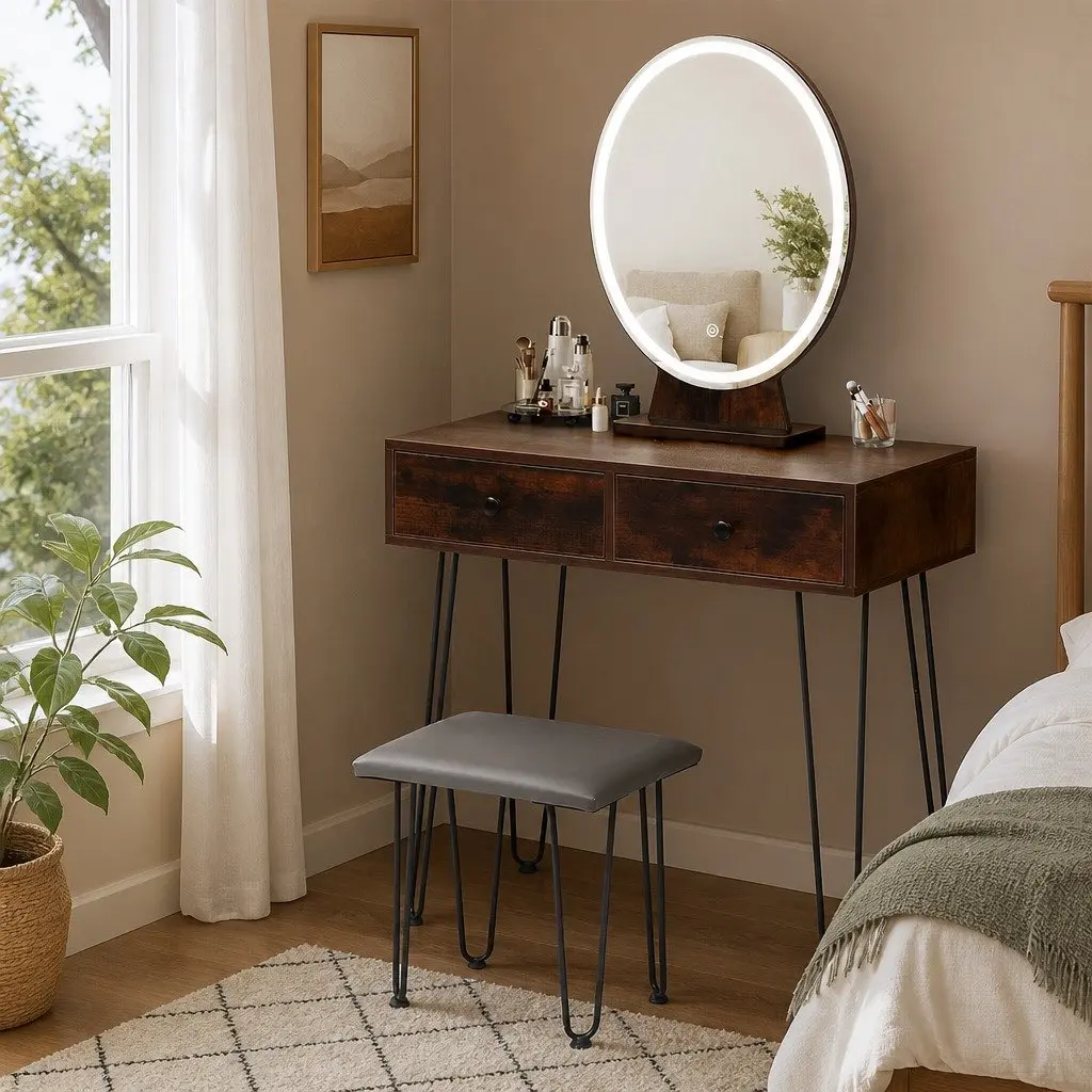 Brown Makeup Vanity with LED Light Strip and Stool