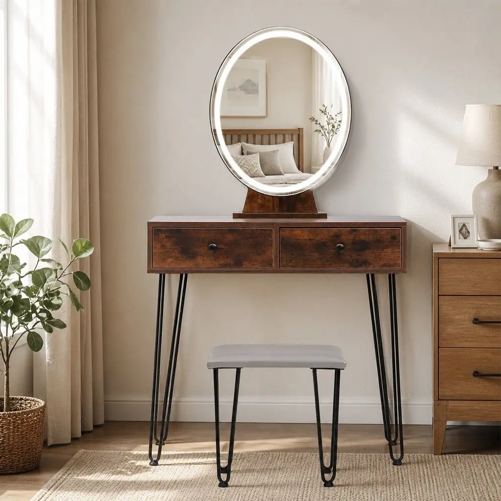 Brown Makeup Vanity with LED Light Strip and Stool