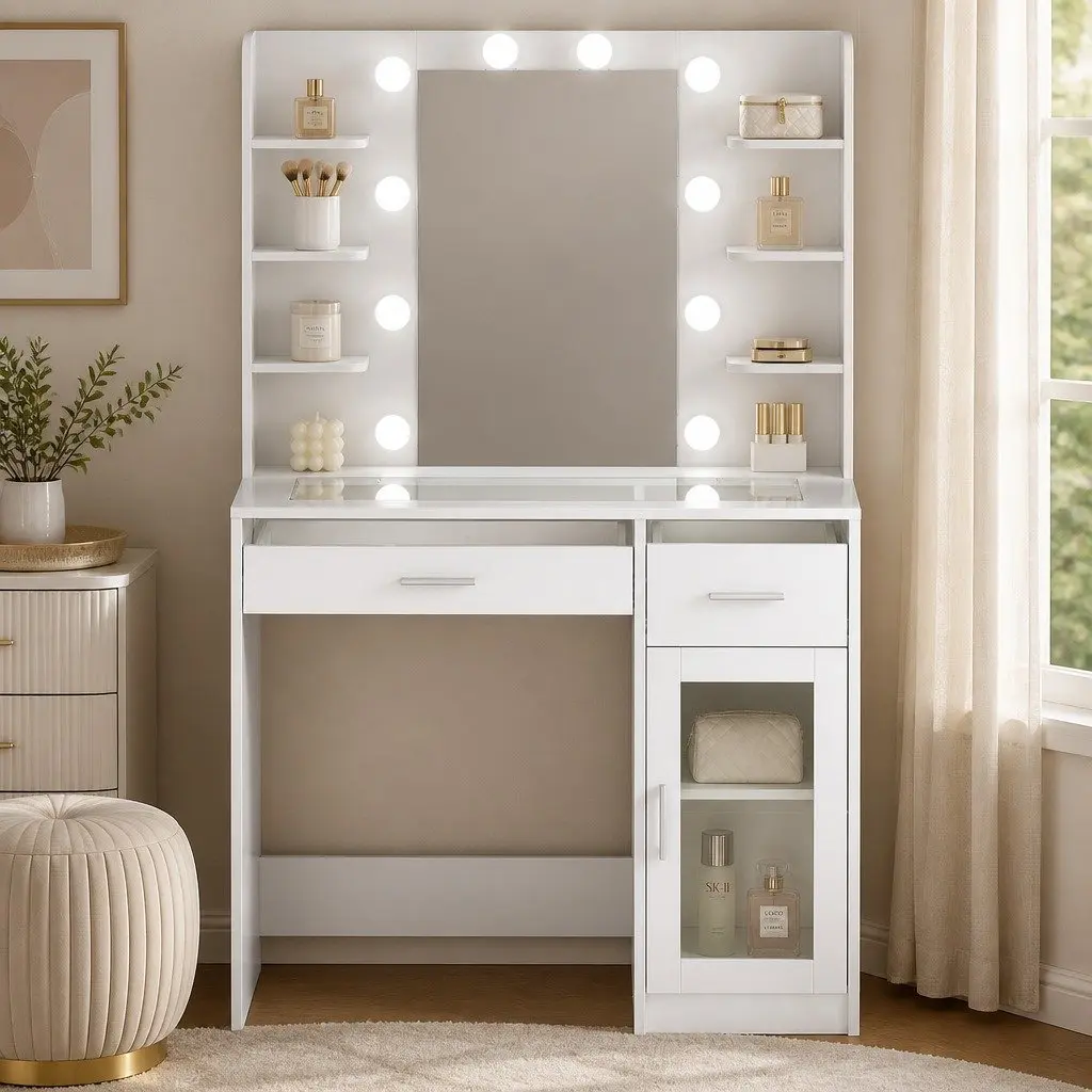 Vanity Desk Makeup Mirror LED Lights White Matte 90cm Particle Board MDF