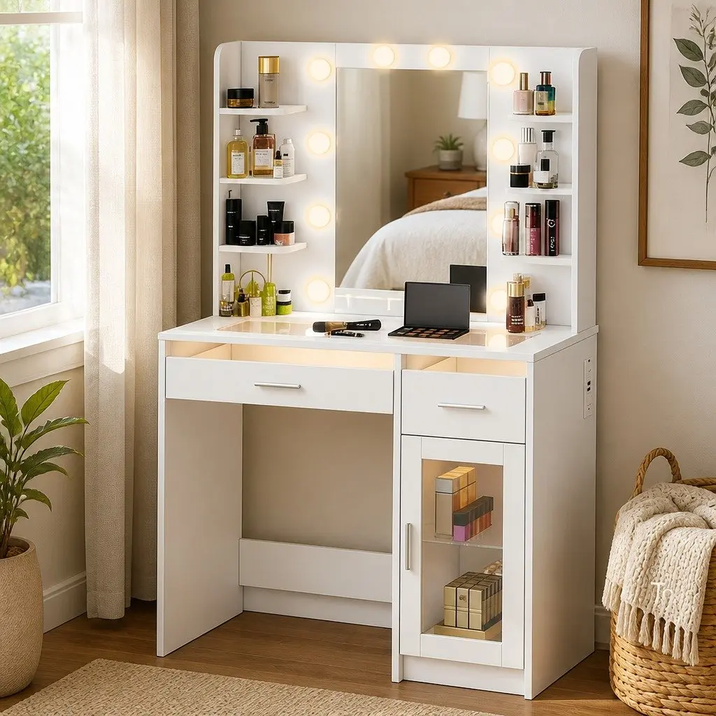 Vanity Desk Makeup Mirror LED Lights White Matte 90cm Particle Board MDF
