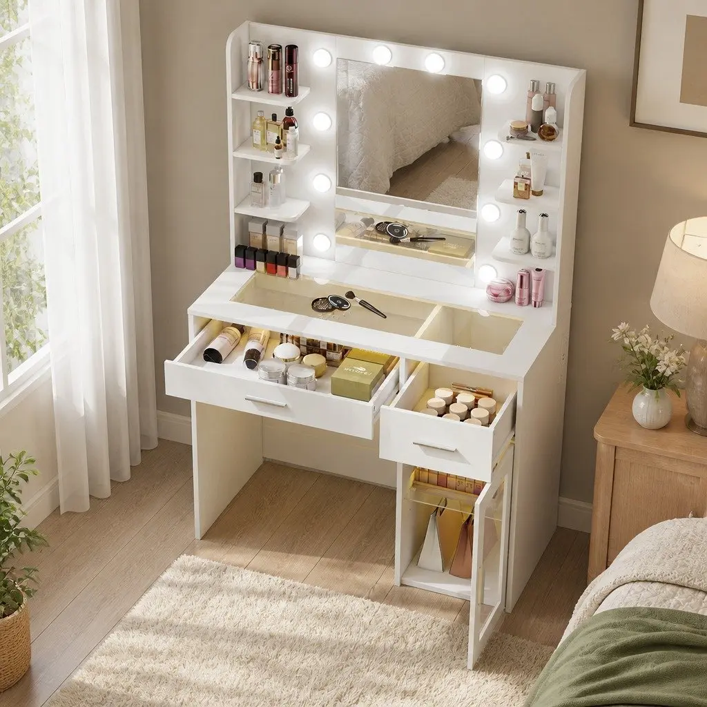 Vanity Desk Makeup Mirror LED Lights White Matte 90cm Particle Board MDF