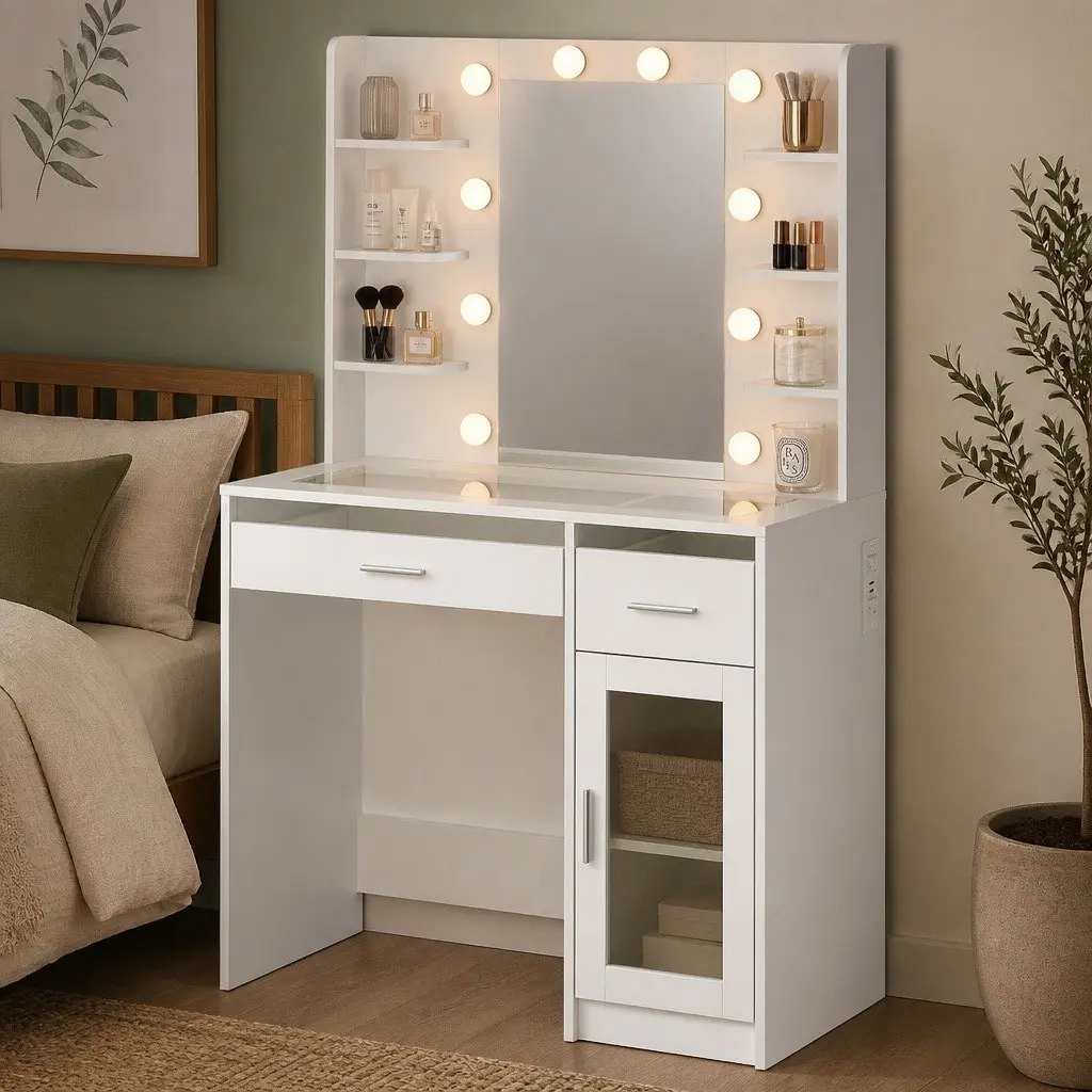 Vanity Desk Makeup Mirror LED Lights White Matte 90cm Particle Board MDF