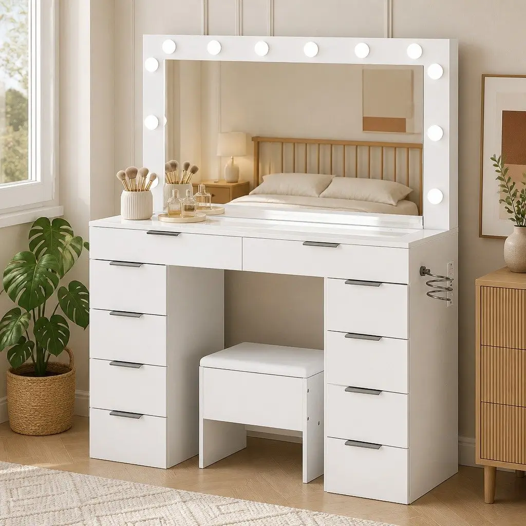 Dressing Table LED Makeup Mirror Vanity Desk 10 Drawers Padded Stool White Particle Board