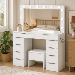 Dressing Table LED Makeup Mirror Stool Set Vanity Desk 10 Drawers Bedroom