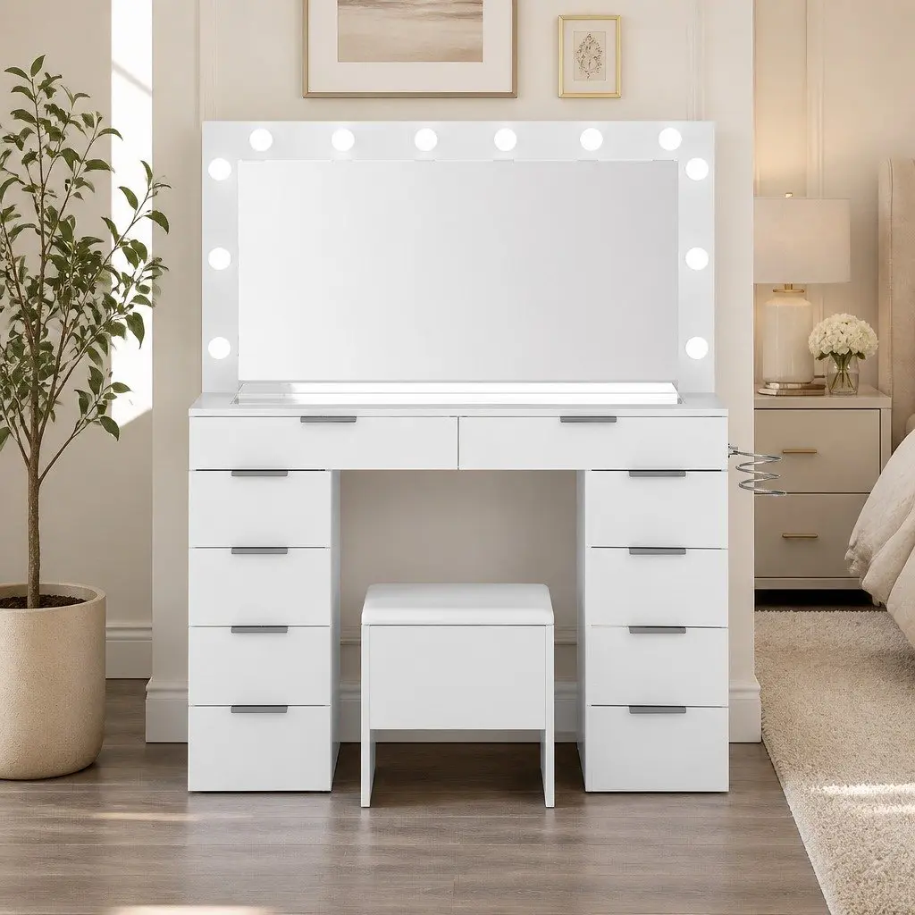 Dressing Table LED Makeup Mirror Vanity Desk 10 Drawers Padded Stool White Particle Board