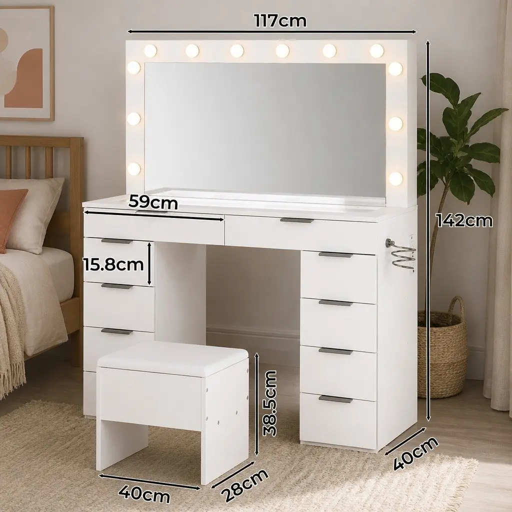Dressing Table LED Makeup Mirror Vanity Desk 10 Drawers Padded Stool White Particle Board