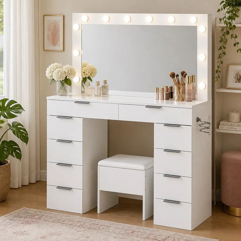Dressing Table LED Makeup Mirror Vanity Desk 10 Drawers Padded Stool White Particle Board