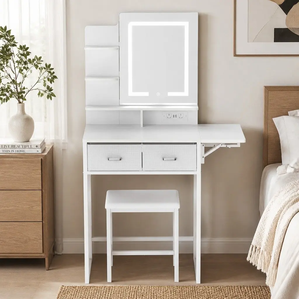 Dressing Table LED Makeup Mirror Vanity Desk Foldable Panel Stool Set White
