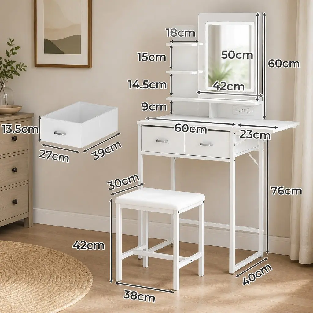 Dressing Table LED Makeup Mirror Vanity Desk Foldable Panel Stool Set White