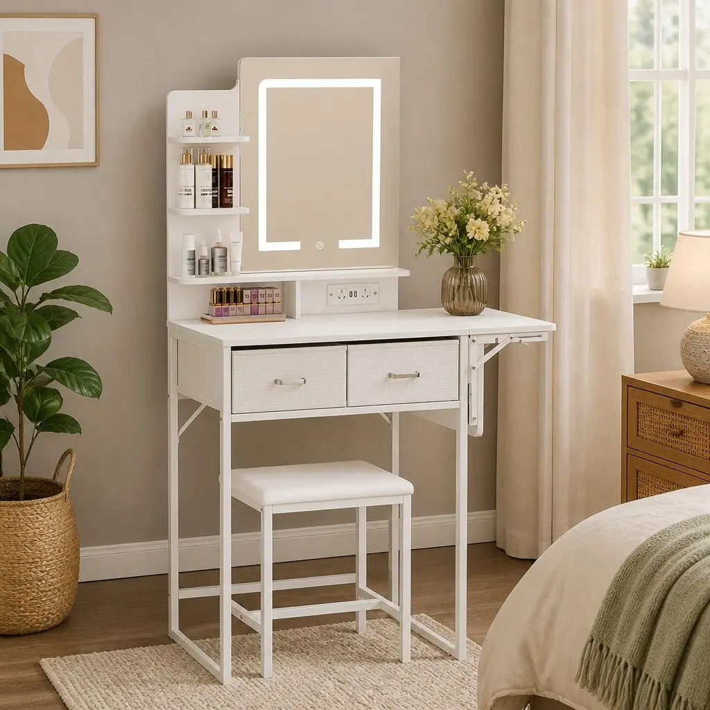 Dressing Table LED Makeup Mirror Vanity Desk Foldable Panel Stool Set White