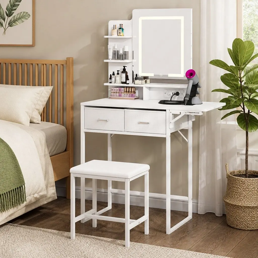 Dressing Table LED Makeup Mirror Vanity Desk Foldable Panel Stool Set White