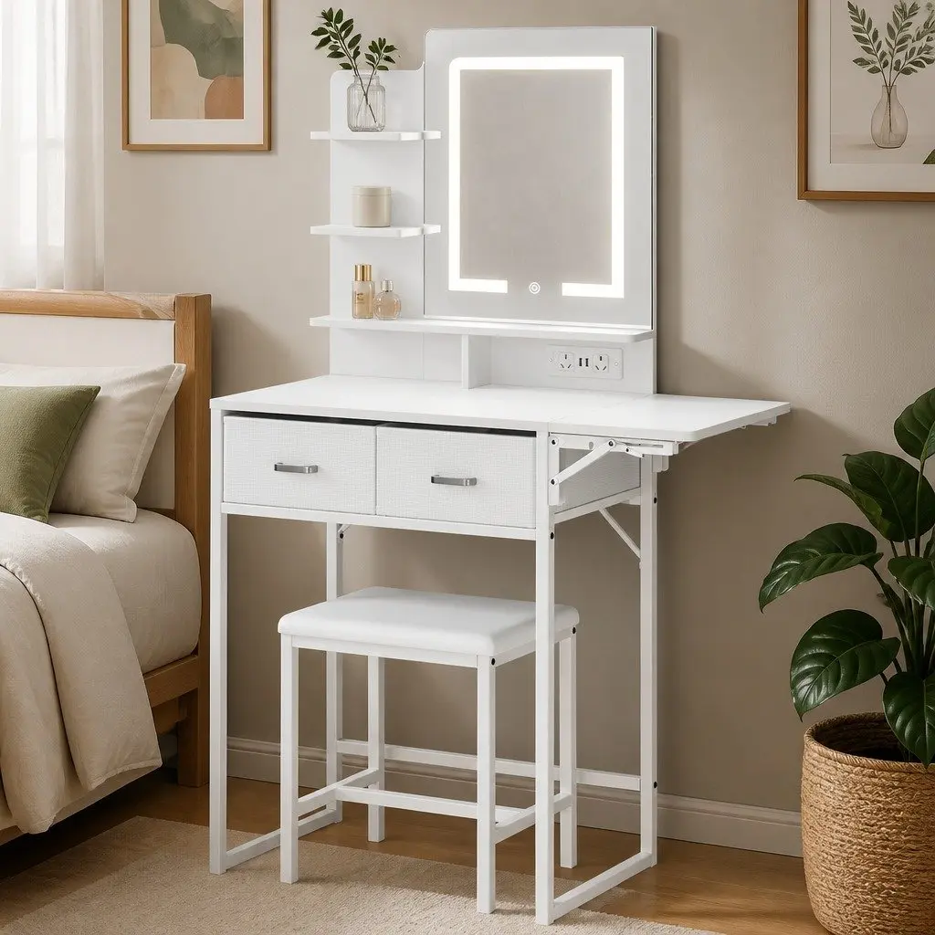 Dressing Table LED Makeup Mirror Vanity Desk Foldable Panel Stool Set White