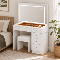 Modern LED Vanity Desk Set with Makeup Mirror and Stool