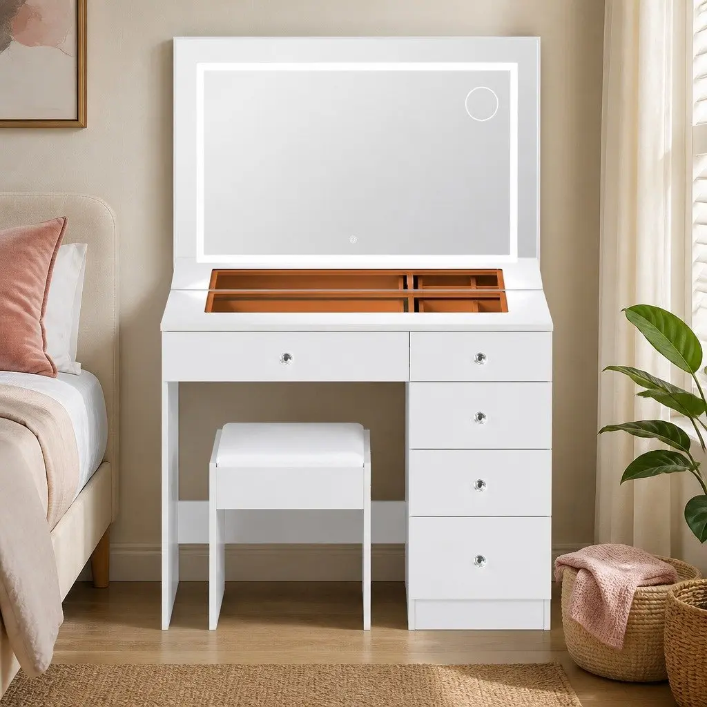 LED Dressing Table Vanity Desk with Stool 5 Storage Drawers White Tempered Glass