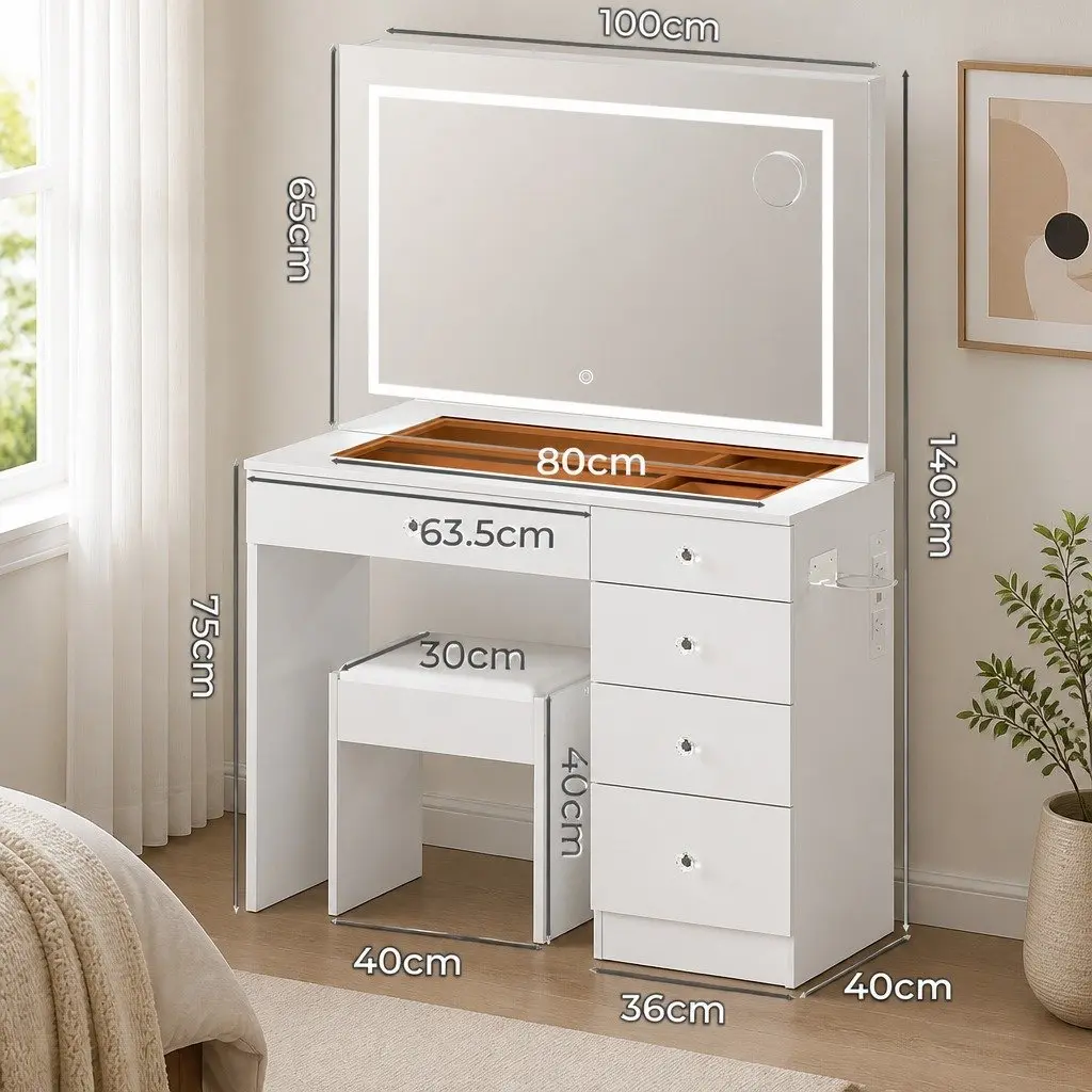LED Dressing Table Vanity Desk with Stool 5 Storage Drawers White Tempered Glass