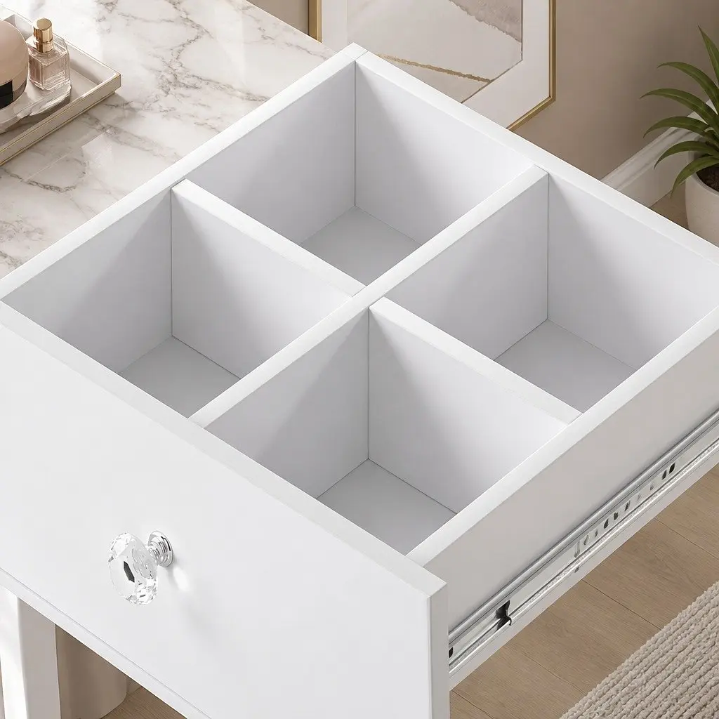 LED Dressing Table Vanity Desk with Stool 5 Storage Drawers White Tempered Glass