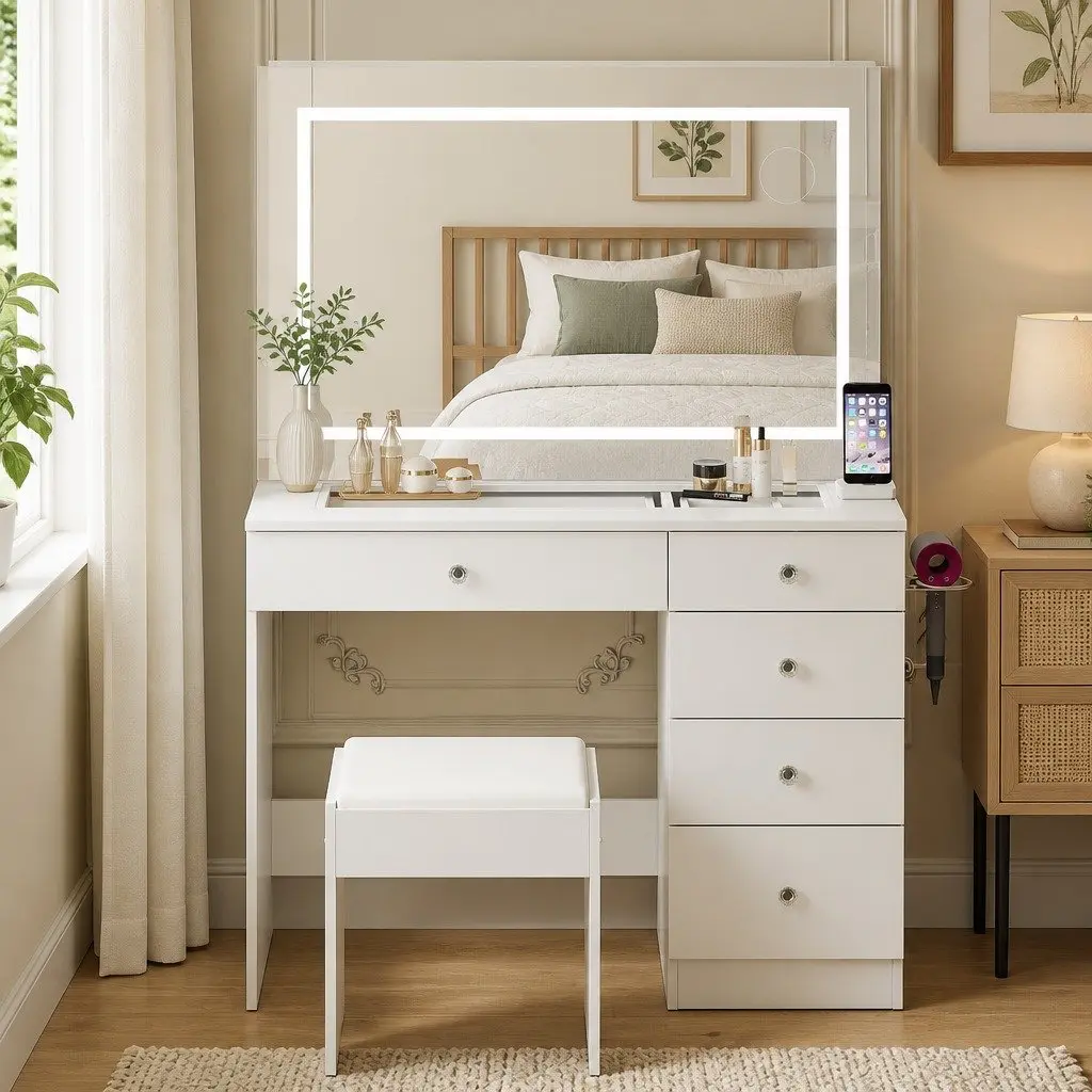 LED Dressing Table Vanity Desk with Stool 5 Storage Drawers White Tempered Glass