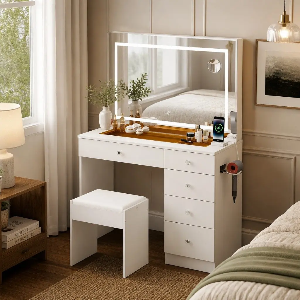 LED Dressing Table Vanity Desk with Stool 5 Storage Drawers White Tempered Glass