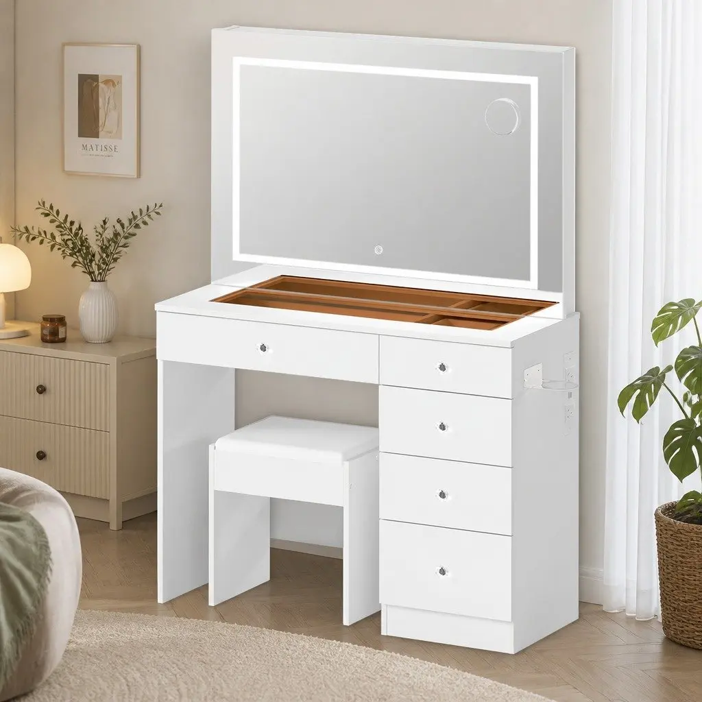 LED Dressing Table Vanity Desk with Stool 5 Storage Drawers White Tempered Glass