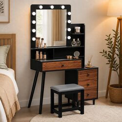 LED Makeup Vanity Stool Set with Storage Drawer