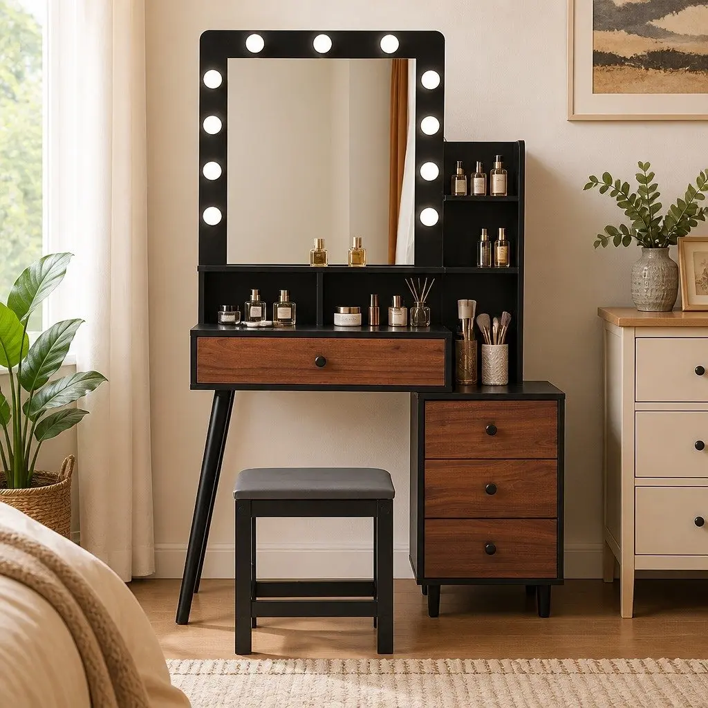 LED Makeup Vanity Stool Set with Storage Drawer