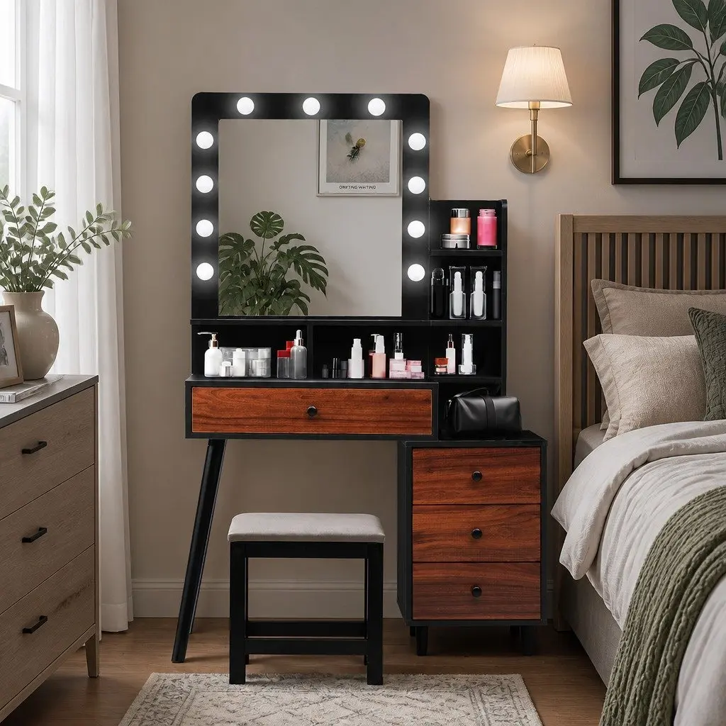 LED Makeup Vanity Stool Set with Storage Drawer