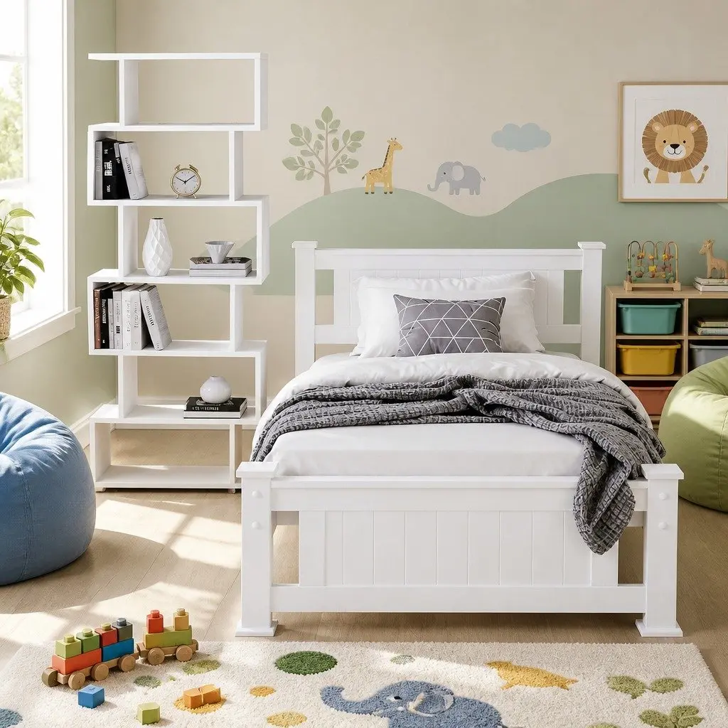 King Single Bed Frame and S-Shape Display Bookshelf Set