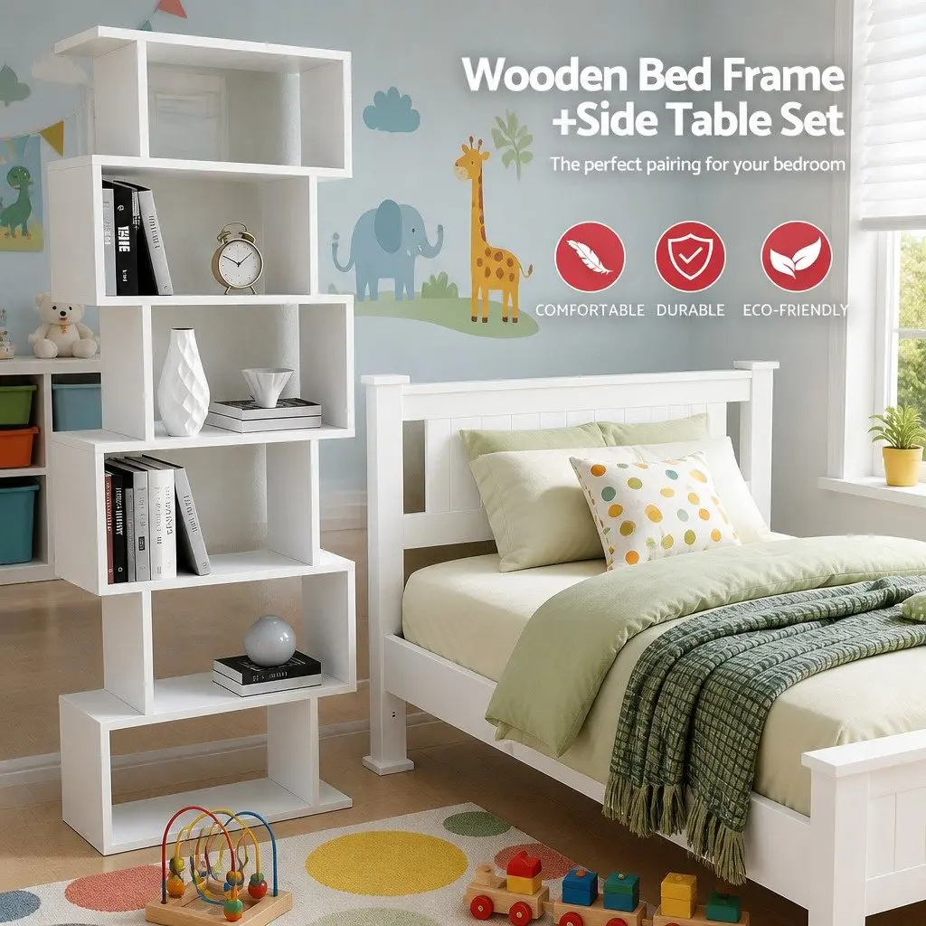 King Single Bed Frame and S-Shape Display Bookshelf Set