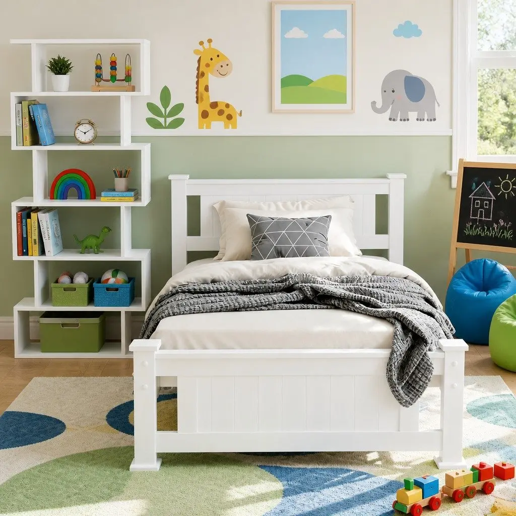King Single Bed Frame and S-Shape Display Bookshelf Set