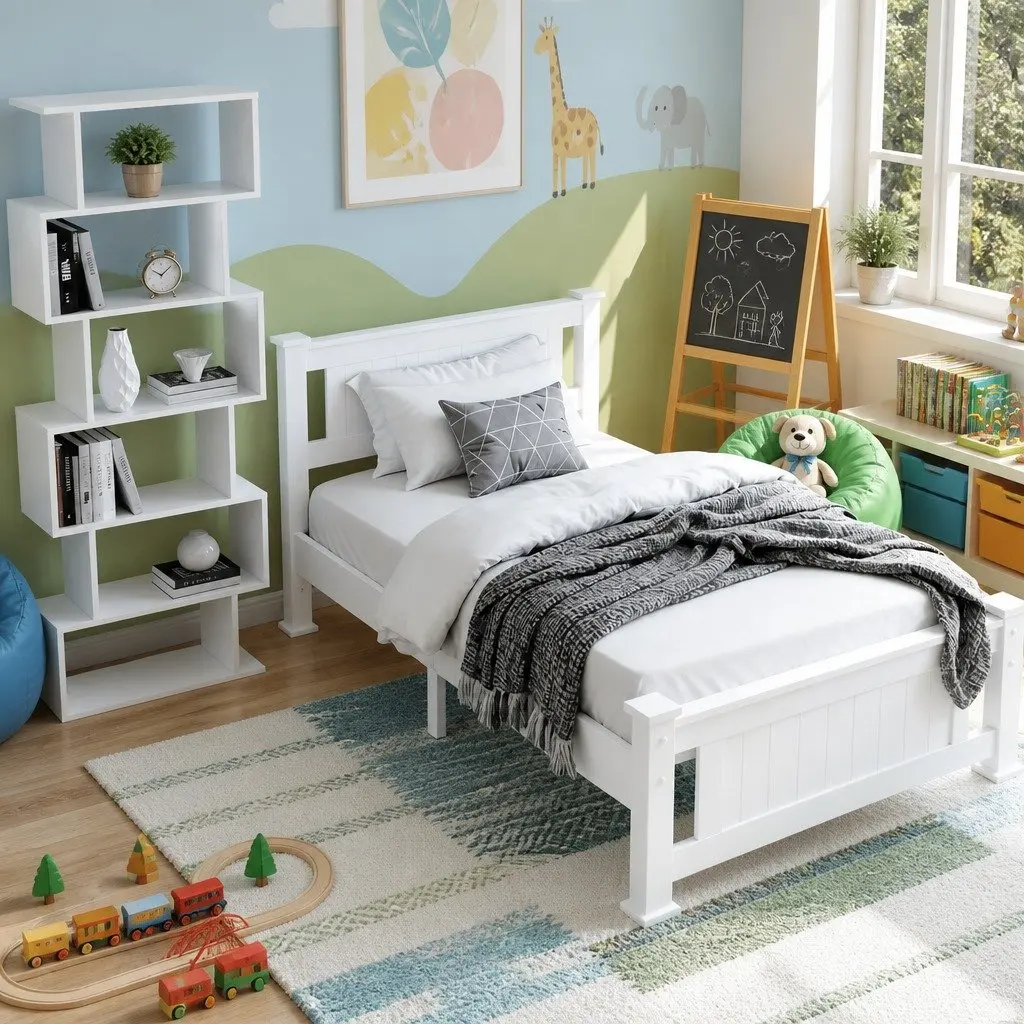 King Single Bed Frame and S-Shape Display Bookshelf Set