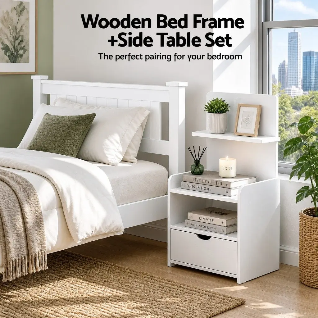King Single Bed Frame with Bedside Table Storage