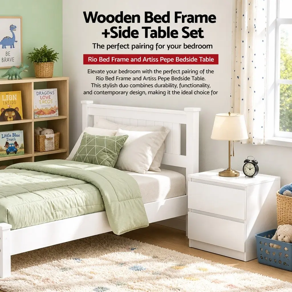 Wooden King Single Bed Frame with Bedside Table Set